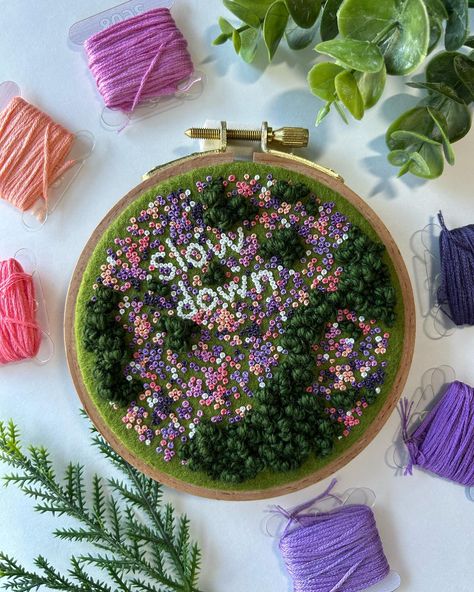 Taking it back to my well-being collection. These mini floral landscapes have mindful words/phrases stitched in flowers amongst the fluffy trees. These pieces were free-styled so each knot was stitched mindfully while I filled the field with flowers and trees. They serve as daily reminders to take it easy and be kind to yourself ✨🌿 You can find these pieces in my sh0p 🔗 . . . #embroidery #embroidered #needlework #handembroidery #fiberart #fibreart #textileart #dmc #threads #dmcthreads #embro... Textile Art, Fibre Art, Field With Flowers, Embroidery Landscape, A Field Of Flowers, Take It Easy, Be Kind To Yourself, Daily Reminder, Slow Down