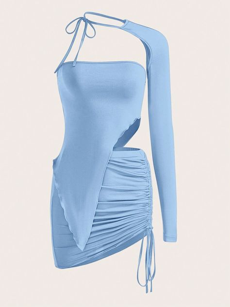 Baby Blue Sexy Collar Long Sleeve  Plain  Embellished Slight Stretch  Women Clothing Blue Sets Outfit, Blue Y2k Clothes, Blue Fashion Aesthetic, Asymmetrical Tube Top, Top Y Pollera, Baby Blue Outfit, Revealing Outfit, Outfits Gorditas, Sets Outfit