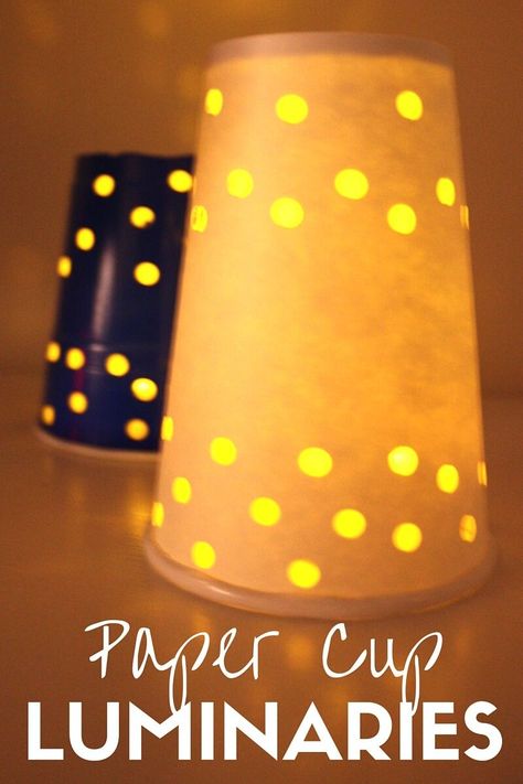 Celebrate the dark days with these easy paper cup luminaries that kids can help make too! Light up the dark afternoons with paper cup luminaries for kids. Natal, Lantern Crafts, Kids Project Ideas, Paper Luminaries, Aktiviti Tadika, Tea Light Crafts, Coffee Cup Crafts, Lantern Craft, Flameless Tea Lights