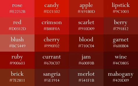 Shades of red Red Hex Codes, Red Color Names, Shades Of Red Color, Red Color Palette, Types Of Red, Red Colour Palette, Color Palette Design, Color Psychology, Colour Pallete