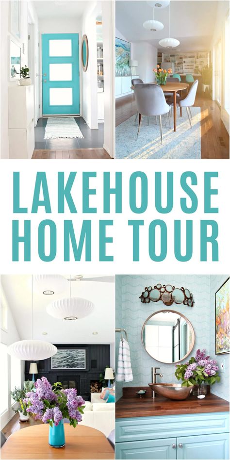 Lakehouse Home Tour with TONS of DIY Projects and Budget Friendly Ideas! Love the lake house aesthetic? Tour this mid-century meets coastal lakehouse interior and see the lakehouse exterior too! Get inspired by chic vintage lake house decor that is inspired by Lake Superior without be themey or nautical - coastal not nautical lake house design with bright colors, lots of textures, and natural elements inspired by the lake. Canadian lake house tour on Lake Superior - inside and out! Lake House Cottage Kitchen, Coastal River House, Tiny Lake Cottage Interior, Lake House Color Schemes, Lake House Drop Zone, Home Decor Lake House Interior Ideas, Lake Interior Design, Art For Lake House, Lake House Modern Decor