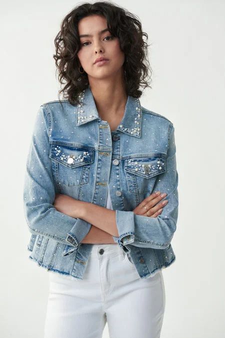 Trending with JR | Joseph Ribkoff Diy Jean Jacket, Jean Jacket Diy, Bling Jeans, Basic Embroidery, Jacket Outfit Women, Custom Shoes Diy, Embellished Denim Jacket, Button Up Jacket, Embellished Denim