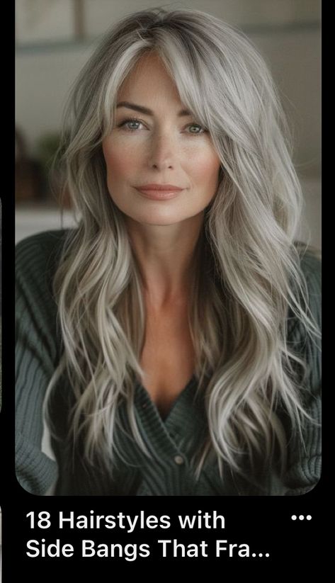 Long Layered Hair, Side Bangs, Hairstyles With Side Bangs, Long Grey Hair, Side Bangs Hairstyles, Grey Hair Inspiration, Beautiful Gray Hair, Long Gray Hair, Long Hair With Bangs