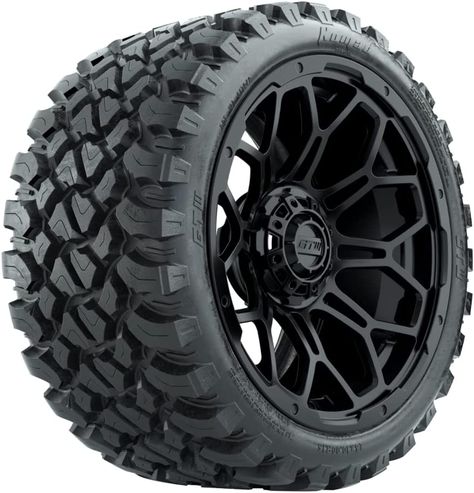 Add new life to your cart with a set of new all-terrain tires and sleek, aggressive wheels. Works with most lifted golf cart models, gas or electric, on grass or pavement; 4-4 (4x101.6mm) Bolt Pattern; Club Car Precedent Models will require a Low-Profile Spacer/Lift in order to fit this Wheel & Tire combo. Includes (4) 23x10-R15 (23" tall) GTW Nomad All Terrain Steel Belted Radial Tires Includes (4) 15x7 GTW Bravo Matte Black Aluminum Off-Road Wheels with 3:4 Offset Off Road Golf Cart, Lifted Golf Carts, Bronze Wheels, Golf Cart Wheels, Off Road Wheels, Golf Cart Parts, All Terrain Tyres, Black Wheels, Gas And Electric