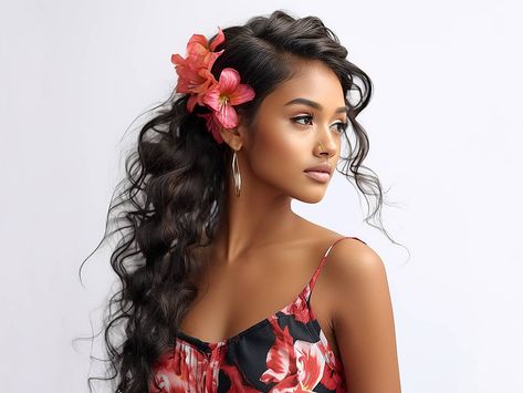 25 Hawaiian Hairstyles for the Cutest Island Look Hawaiian Hairstyles Curly Hair, Hawaiian Party Hairstyles, Hula Hairstyles, Luau Party Hairstyles, Hawaiian Hairstyles Luau, Cute Hawaiian Hairstyles, Hawaiian Hair Styles, Hair Styles With Flower, Tiki Hairstyle