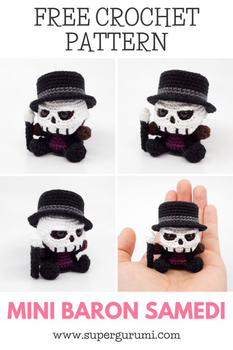 Free Baron Samedi Crochet Pattern by Supergurumi. This cool Baron Samedi is easy to crochet with a step by step description and many pictures. Click the link to view the free pattern. #amigurumi #crochet #crochetpattern #baronsamedi #halloween Figurine, Amigurumi Patterns, Couture, Kawaii, Amigurumi Horror Free Pattern, Mini Voodoo Doll Crochet Pattern Free, Amigurumi Skull Free Pattern, Free Easy Crochet Amigurumi Patterns, Crochet Goblin Free Pattern