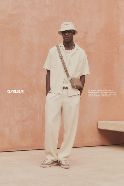 Represent clothing summer collection bucket hat cream shirt cream formal pants sneaker sunglasses satchel crossbody bag Summer Hat For Men, Men’s Bucket Hat Outfit, Holiday Outfits Men Summer, Summer Holiday Fits Men, Outfit With Hat Men, Holiday Mens Outfits, Bucket Hat Mens Outfit, Summer Holiday Outfits Men, Men Holiday Outfit Summer