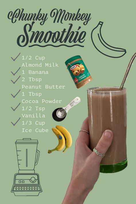 Easy Banana Peanut Butter Smoothie, Smoothie Recipes Banana Peanut Butter, Banana Chocolate Smoothie Recipe, Peanut Butter Chocolate Smoothie Recipes, Banana Smoothie Ideas, Chunky Monkey Protein Shake, Nut Butter Smoothie Recipes, Easy Chocolate Smoothie Recipes, Banana Peanut Butter Chocolate Smoothie