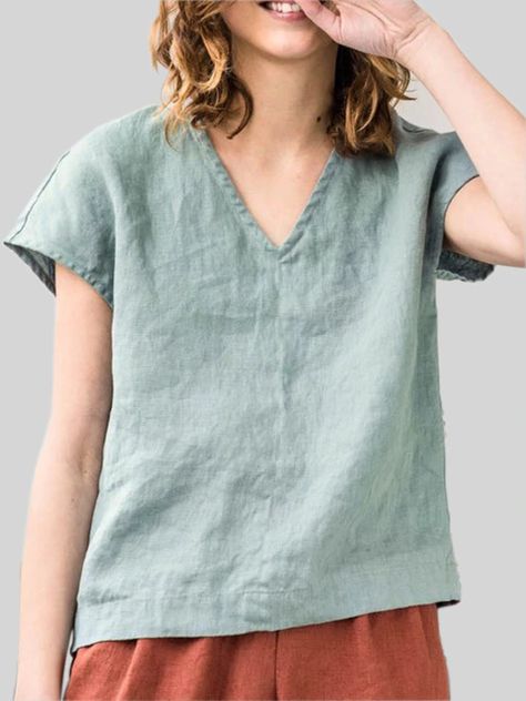 V-Neck Loose cotton linen Top – BelleZeke Simple Cotton Tops, Linen Tops Women Casual, Linen Tops Women, Simple Blouses, Cotton Tops Designs, Linen Tops, Linen Top Women, Linen Fabrics, Linen Shirt Dress