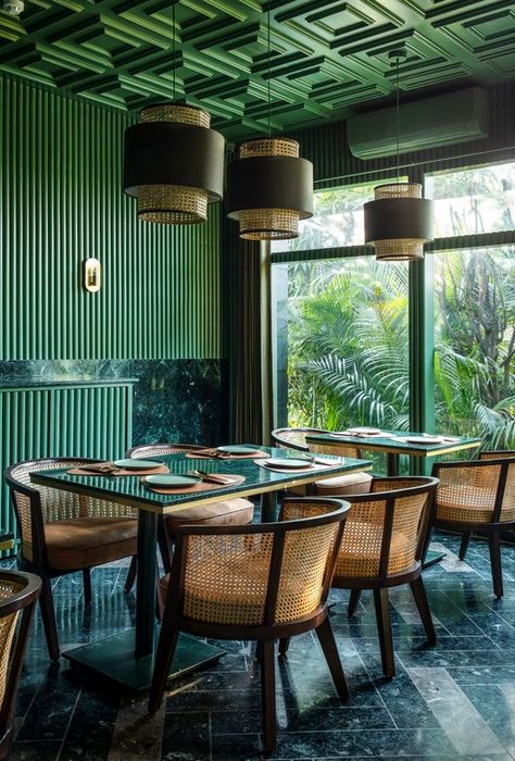 The Fluted Emerald Elgin Cafe / RENESA Architecture Design Interiors Studio | ArchDaily Design Interiors, Greens Restaurant, Green Cafe, Marble Interior, Green Granite, Green Bar, Private Dining Room, Cafe Interior Design, Green Interiors