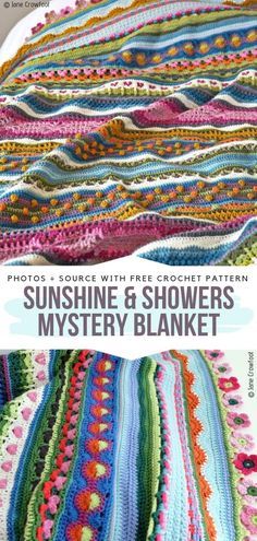 Sunshine & Showers Mystery Blanket Free Crochet Pattern Sunshine Blanket Crochet, Crochet Sampler Blanket, Motifs Afghans, Scrap Yarn Crochet, Blanket Free Crochet Pattern, Confection Au Crochet, Scrap Yarn, Crochet Afgans, Crochet Blanket Afghan