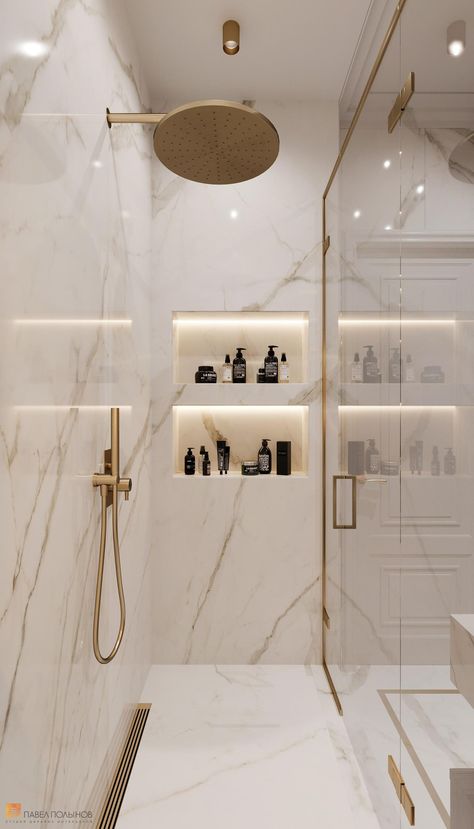 White And Gold Ensuite, White Grey Gold Bathroom, Modern Half Bathroom Design, Hidden Shower Walk In, Gold And Marble Bathroom, Luxury Guest Bathroom Ideas, Cream And Gold Bathroom, White And Gold Bathroom, Bathroom Interior Design Luxury