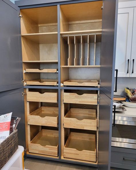 INSIDE Interior Design Co-Op on Instagram: “Check out this amazing pantry we outfitted with roll out trays and tray dividers today!! 🤩 Amazing install work from our new permanent…” Building Custom Cabinets, Modern Pantry Cabinet Design, All Lower Cabinets Kitchen, Pantry From Armoire, Pull Out Pantry Next To Fridge Diy, Pillar Storage Ideas, Shallow Wall Pantry Ideas, Kitchen Cabinet Must Haves Storage, Kitchen Cabinetry Organization