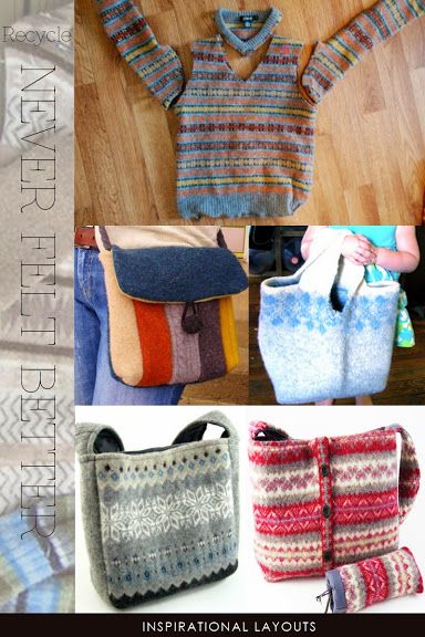 Needlecrafts - Knit, Fair Isle Hats                            Large side image |  kit available for purchase here   Top image |  free p... Upcycle Sweaters Diy Ideas, Old Sweater Crafts, Sweater Purse, Sweater Projects, Sweater Crafts, Tovad Ull, Recycled Wool Sweater, Fair Isle Hat, Sweater Bags