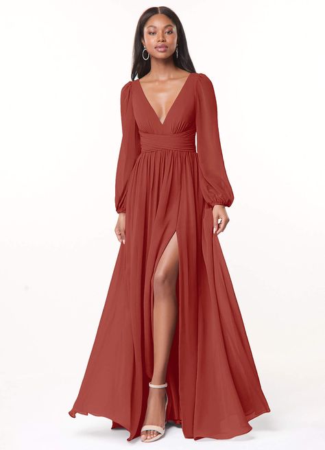 Terracotta Azazie Norah Bridesmaid Dresses | Azazie Couture, Satin Hoco Dress, Long Chiffon Dresses, Long Chiffon Skirt, Stretch Satin Dress, Ariel Dress, Shop Casual Dresses, Wedding Veils Lace, Dusty Rose Dress