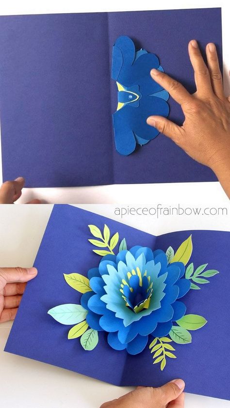 Easy DIY Happy Mother's Day card with beautiful big pop up flower: tutorial, video & free printable templates for handmade version & Cricut print and cut! - A Piece of Rainbow #diy #crafts #crafting #papercraft #papercrafts #greetingcard #valentinesday #birthday #mothersday #flower #cricut #cricutmaker #cricutcrafts Pop Up Flower Cards, Kraf Kertas, Cricut Print And Cut, Kartu Valentine, Kraf Diy, Happy Mother's Day Card, Seni Origami, Celebrate Mom, Crafty Kids