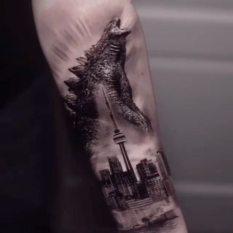 Skyline Movie, Freddie Tattoo, Traveling Artist, Godzilla Tattoo, Toronto Skyline, Movie Tattoos, Japanese Monster, Beach Tattoo, Unique Tattoo Designs