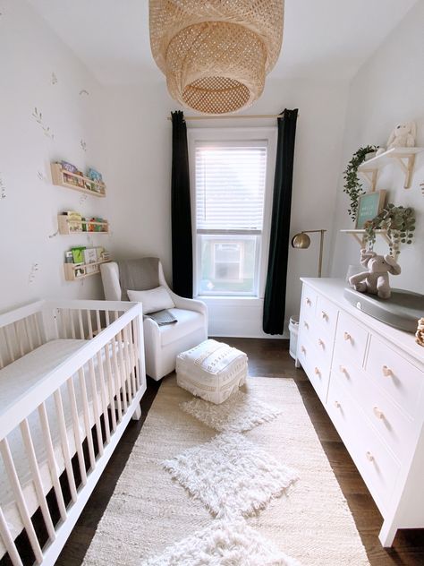 Simple Nursery Small Space, Nursery Nursing Corner, Small Ikea Nursery, White And Oak Nursery, L Shaped Nursery Layout, 8x10 Nursery Layout, Plain Nursery Ideas, Nursery Room Small Spaces, Narrow Nursery Ideas