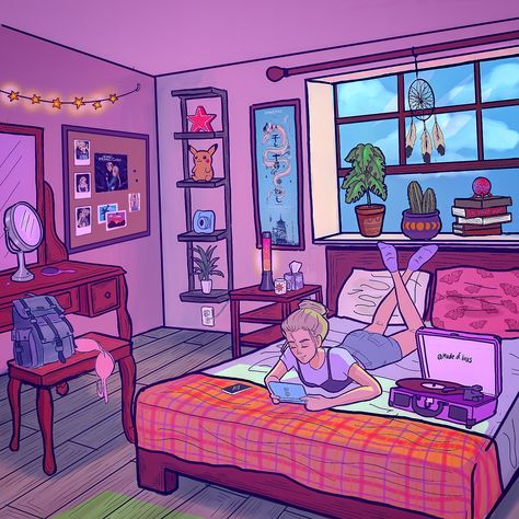 #homedecor #fashion #lofi #aesthetic #digitalart #illustration #original #characterdesign #kawaiiart #interiordesign Reading, Bedroom, Design, Art, Pink, Anime, I Hope, Desk, Bed