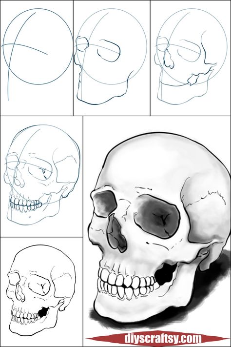 Learn to draw skulls with this easy-to-follow tutorial. Start with a simple circle and make a few faint guidelines that help you place the jawline, teeth, and eye sockets. Next, you'll add shading to create shadows and give your drawing depth. Skull Tutorial Drawing Step By Step, Skull Art Step By Step, Skull Art Tutorial, Drawing A Skull Step By Step, Skull Ideas Drawings, How To Draw Teeth Step By Step, How To Shade Teeth, How To Add Shadows To A Drawing, Skull Tutorial Drawing