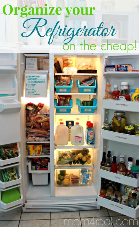 Organize Your Refrigerator On The Cheap Organisation, Organize Condiments In Fridge, Organize Refrigerator, Cheap Organization, Freezer Organization, Organized Kitchen, Side By Side Refrigerator, Fridge Storage, Cleaning Tricks