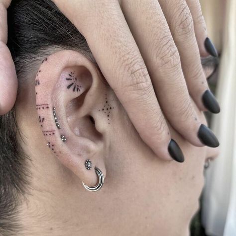 Ear Constellation Tattoo, Ears Tattoo Ideas, Behind The Ear Tattoo Ideas Minimalist, Ear Face Tattoos For Women, Edge Of Ear Tattoo, Ear Adornment Tattoo, Ava Black Tattoo, Ear Tattoo Piercing, Simple Ear Tattoos For Women