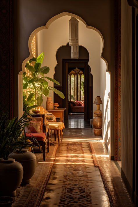 Embarking on Elegance: Discover the allure of Moroccan hallways, where tradition and elegance intertwine in a captivating design journey. Middle Eastern Modern Interior, Persian Style Home Interior Design, Moroccan Spanish Home, Middle East Home Decor, Indian Modern House Interiors, Marroco Interior Design, Middle Eastern Inspired Decor, Middle Eastern Home Aesthetic, Mid Century Modern Moroccan