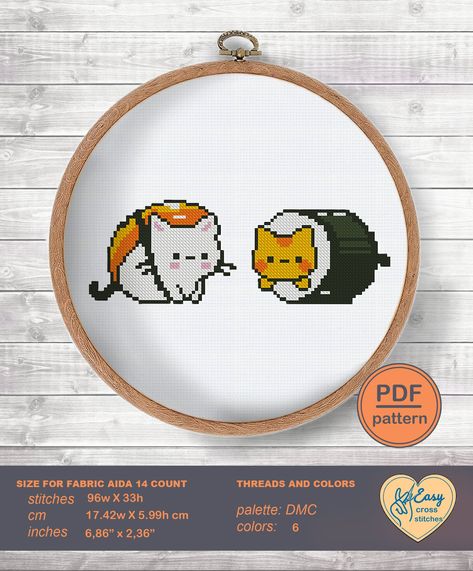 Sushi Cross Stitch, Sushi Cat, Japan Kawaii, Cat Embroidery, Different Types Of Fabric, Cat Cross Stitch Pattern, Cat Cross Stitch, Cross Stitch Funny, Simple Cross Stitch