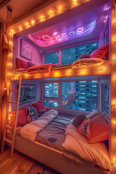 One bedroom, big bed covered with colorful lights, bunk bed, four-person bed, style based on detailed city night scene, Korean wave, y2k aesthetics, super flat, dreamlike architecture, multi-level, clear and clean, real shooting, wide Angle shooting 8K HD, HD, Two Person Room Ideas Aesthetic, Big Y2k Bedroom, Bunk Bed For One Person, High Bed Aesthetic, Movie Themed Room Ideas, Room Inspo With Bunk Beds, Y2k Room Inspo Aesthetic, Big Bed Aesthetic, Bedroom Ideas Bunkbeds