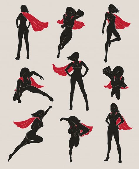 Set of female superhero Premium Vector Superhero Silhouette, Anime Superhero, Superhero Cartoon, Drawing Superheroes, Action Pose Reference, Female Superhero, Star Wars Comics, Superhero Characters, Girl Superhero