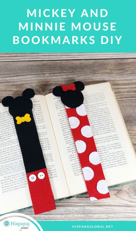 Learn how to make Mickey and Minnie Mouse bookmarks in 3 easy steps. Perfect for all the Disney lovers in your life! Bookmarks Diy, Felt Bookmark, Mickey And Minnie Mouse, Felt Bows, Mickey Head, Disney Lover, Patterned Sheets, Red Felt, Mickey And Minnie