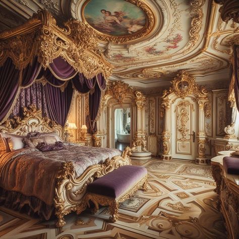 Rococo style bedroom in gold and purple. Created in microsoft bing. Royal Mansion Aesthetic, 18th Century Bedroom Aesthetic, French Baroque Bedroom, Rococo Wallpaper Desktop, Rococo Bedroom Aesthetic, Baroque Bedroom Aesthetic, 1700s Bedroom, Rococo Room Decor, Fantasy Palace Bedroom