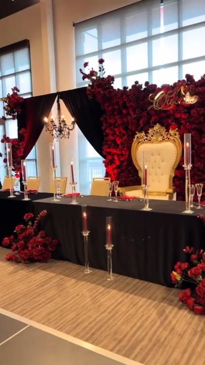 Black And Red Wedding Decorations Diy, Red And Black Table Decorations Quinceanera, Red Xv Theme, Black Quince Venue Ideas, Red And Gold Quince Tables, Debut Theme Ideas 18th Black And Red, Black Red And Gold Wedding Decoration, Red Gold Black Quinceanera Decorations, Horror Theme Quince