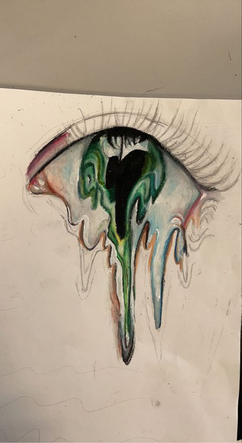 distorted melting coloured eye style Inside Outside Art Gcse, Gcse Art Eye Page, Trippy Colored Pencil Art, Distortion Sketch, Dripping Eye Drawing, Strange And Fantastic Gcse, Distortion Art Drawing Easy, Facial Features Art Gcse, Fantastic And Strange Gcse Art