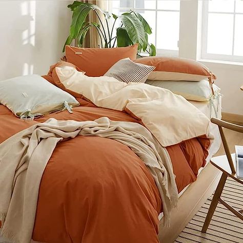 Amazon.com: CoutureBridal Burnt Orange Duvet Cover Queen Reversible Cream Beige Duvet Cover with Zipper Corner Ties 3 Pieces Soft Microfiber Solid Minimalist Bedding Set for Men Women : Home & Kitchen Burnt Orange Rooms, Burnt Orange Duvet Cover, Rust Comforter, Burnt Orange Duvet, Orange Room Decor, Minimalist Bedding Sets, Beige Bedding Sets, Warm Bedroom Ideas, Burnt Orange Bedroom