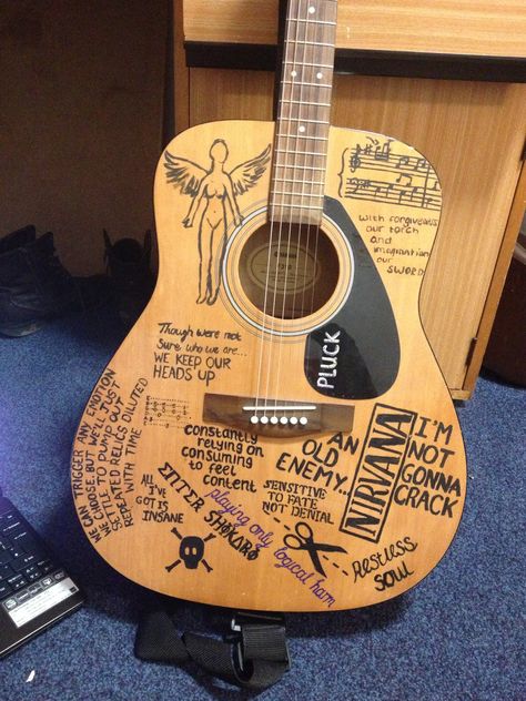 My guitar. Art. Nirvana. Lyrics. Guitar Acoustic Aesthetic, Guitar Deco, Guitars Aesthetic, Nirvana Guitar, Guitar Decorations, Nirvana Lyrics, Acoustic Guitar Art, Guitar Artwork, Custom Acoustic Guitars