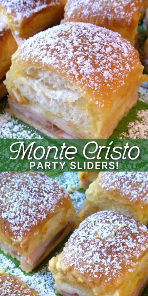 The ORIGINAL RECIPE for party appetizer sandwiches made with Kings Hawaiian rolls, ham, turkey and cheese baked in a rich buttery topping, dusted with powdered sugar just like the classic Monte Cristo sandwich! Ham Sandwich Sliders Hawaiian Rolls, Ham Monte Cristo Skewers, Easy Monte Cristo Sliders, Dinner Roll Sandwiches Kings Hawaiian, Sandwich With Hawaiian Rolls, Sliders Hawaiian Rolls Recipe, Baked Monte Cristo Sandwich, Brunch Sliders Hawaiian Rolls, Baked Sandwiches Hawaiian Rolls