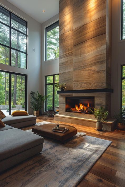 40 Fireplaces With Windows on Each Side for Natural Light and Views Granit Fireplace Ideas, Tall Ceiling Living Room Fireplaces, Fireplace Between Two Windows, Living Rooms With Fireplace, Fireplace Between Windows, Tall Ceiling Living Room, Side Ideas, Indoor Fireplaces, Modern Living Room Inspiration