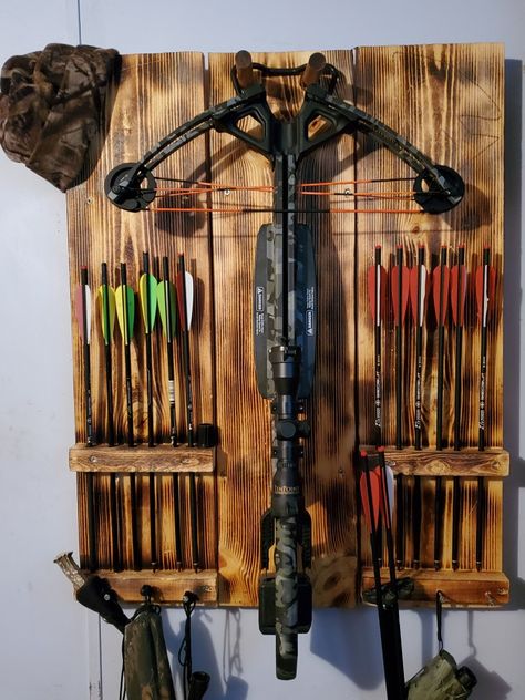 Crossbow Rack Diy, Cross Bow Hanger, Cross Bow Storage Ideas, Crossbow Holder Diy, Diy Crossbow Rack, Crossbow Wall Mount, Hunting Equipment Storage Ideas, Hunting Room Storage Organization Ideas, Cross Bow Rack