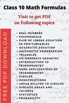 Class 10 Maths formula pdf download for free. This pdf include formulas for all class 10 math chapters. Math Formula Chart Class 10, 10th Class Maths Formulas, Class 10 Maths Formulas, Maths Formula Book, Maths Algebra Formulas, Mathematics Formula, Math Formula Sheet, Maths Formulas, 10th Grade Math