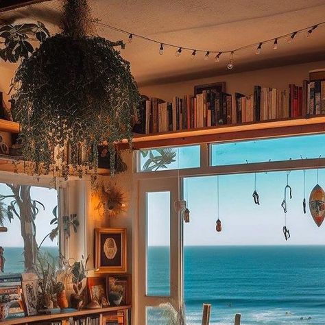 Hippy Beach House, Bohemian Beach Aesthetic, Boho Beach House Aesthetic, Old Beach House Aesthetic Interior, Witchy Beach House, Beach Bungalow Aesthetic, Beachy Aesthetic House, Bohemian Beach House Living Room, Beach House Library