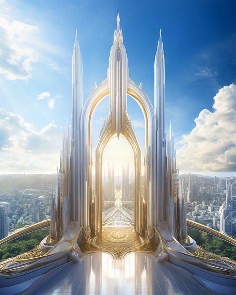 A gigantic golden gate of a futuristic cathedral in a modern city. This is an architecture artwork generated by using Midjourney AI. Arcology, Fantasy Marble City, Fantasy Modern City, Futuristic Temple, Futuristic Castle, Fantasy Gate, Architecture Artwork, Egypt Concept Art, Future Buildings
