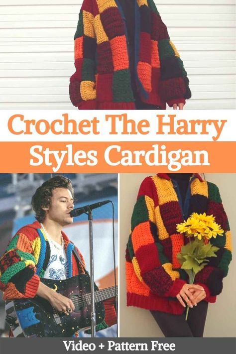 Amigurumi Patterns, Patched Cardigan Crochet, Harry Styles Sweater Crochet Pattern, Crochet Cardigan Panels, Crochet Harry Styles Cardigan Pattern, Harry Styles Patchwork Cardigan Crochet Pattern, Crochet Patched Cardigan, Crochet Cardigan Pattern Free Patchwork, Harry Styles Cardigan Pattern Crochet