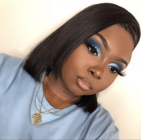 Navy Blue And Silver Makeup Looks Black Women, Dust Blue Prom Dress, Light Blue Makeup On Black Women, Blue Eye Makeup On Black Women, Blue And Silver Glam Makeup, Makeup For Royal Blue Dress Black Women, Royal Blue Homecoming Makeup, Aesthetic Blue Makeup Looks, Blue And Sliver Makeup Looks Black Women