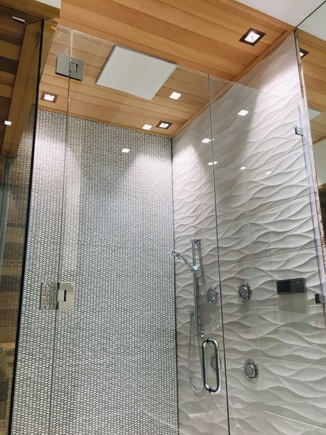 Custom 9’ ceiling rain shower with smart technology Rain Fall Shower Bathroom, Teak Shower Ceiling, Cedar Shower Ceiling, Cedar Bathroom Ceiling, Tiled Shower Ceiling, Wood Shower Ceiling, Shower Ceiling Ideas, Wood Celing, Rain Shower Head Ceiling