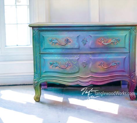 Tanglewood Sue's Original Furniture and Art – Tanglewood Works Whimsical Painted Furniture End Tables, Fantasy Painted Furniture, Multicolored Furniture, Dresser Ideas Diy, Colorful Nightstand, Mermaid Furniture, Refurbished Bookcase, Rainbow Furniture, Rustic Painted Furniture