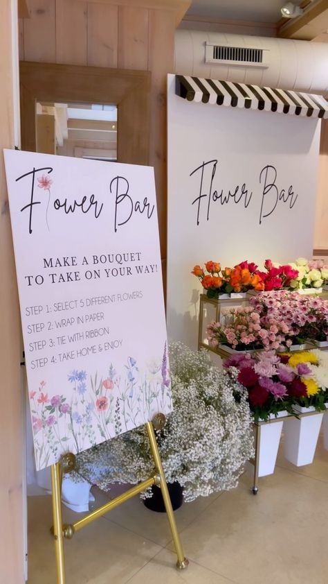 Flawless Functions | 🌸The Flower Bar 🌸 A memorable interactive activity for your guests that doubles as a stunning favor they can take home! Simple perfect … | Instagram Flower Bar Sign Instructions, Flower Bar Ideas For Bridal Showers, Flower Bar Instruction Sign, Floral Vendor Booth Ideas, Diy Flower Bar Sign, Flower Bar Wedding Favor, Flower Station Party, Mom Shower Ideas, Flower Bar Wall