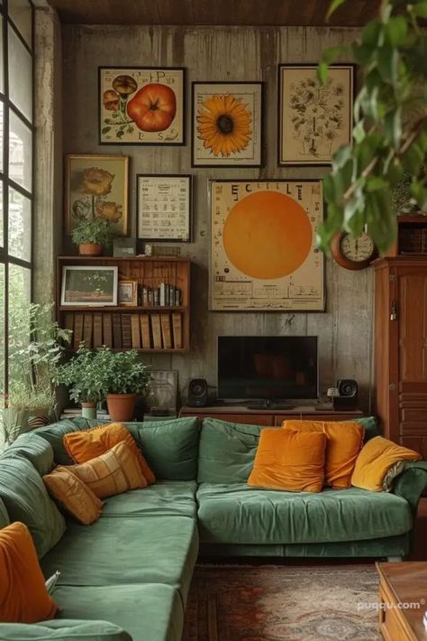 Cozy Colourful Home, Grey And Caramel Living Room, Funky Sitting Room Ideas, 70s Style Decor Interior Design, Lush Living Room, Practical Magic Living Room, Fun Home Aesthetic, Boho Living Room Beige Couch, 1970s Revival Interior Design