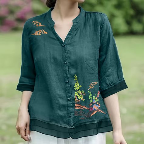 Faster shipping. Better service Stylish Tunic Tops, Women Tunic, Chinese Vintage, Half Sleeve Blouse, Women Tunic Tops, Embroidered Top, Green Cotton, The Chic, Half Sleeve