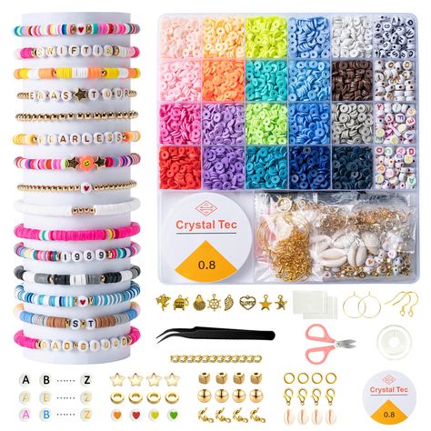 PRICES MAY VARY. 🧡【Beads & Bead Assortments】: 4500pcs flat polymer clay beads in 20 colors, 220pcs alphabet beads( A-Z) in 3 colors, 317pcs charms kit( contains star beads, flat beads, spacer beads, shells, pendants, jump rings, lobster clasp, etc.), 2 roll elastic strings, a scissors, a tweezersto, a upgraded version storage box for 25 boxes（Prevent the beads from mixing together), meet all your needs for bracelets making & jewelry making. 💙【Premium Quality Beads】: All of our beads are made o Clay Beads Preppy, Kids Weaving Projects, Bracelets Kits, Friendship Bracelet Making, Clay Beads Bracelet, Bracelets Making, Bracelet Making Kit, Bday Wishlist, Weaving For Kids